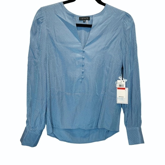 1.State Dot Jacquard Button Front Top Storm Blue V-Neck XS New - Picture 2 of 7